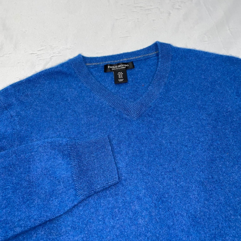 Paolo Mondo Mens Cashmere V-Neck Sweater Blue 2-Ply Pullover RN113286 Size M